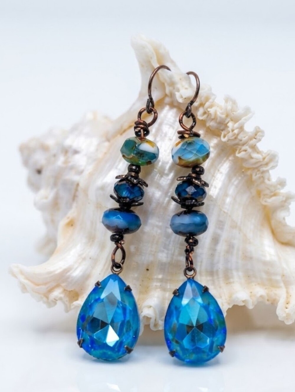 Victorian Ocean Blue Swarovski Crystal & Glass In Long Earrings In Brass